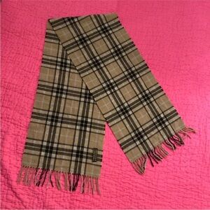 Amicale Cashmere Tan and Pink Plaid Scarf